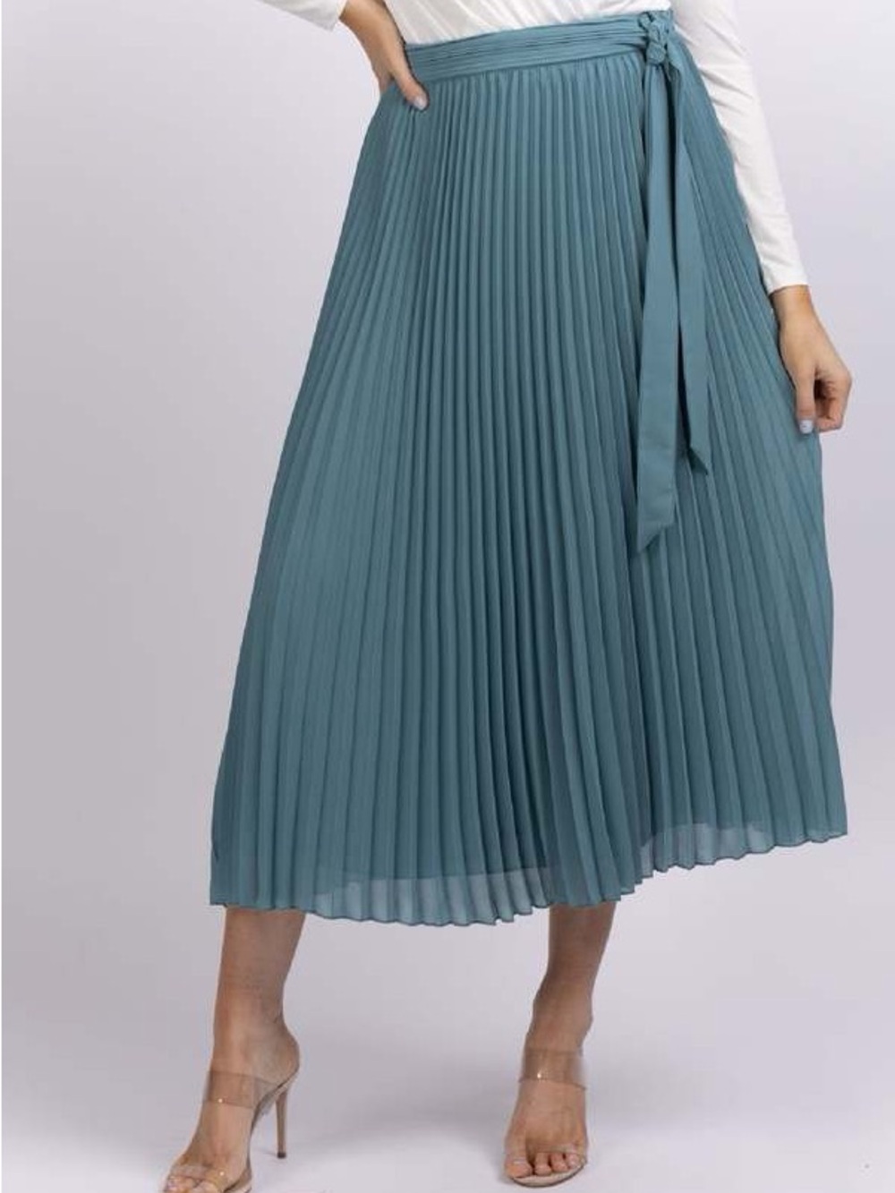 Jonathan Simkhai Teal Pleated Midi Skirt with Waist Tie